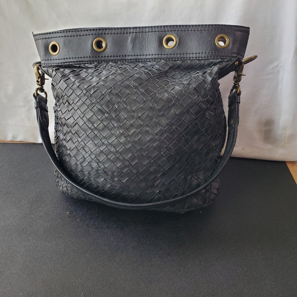Elliott Lucca Black Leather Braided Bucket Tote Hobo Shoulder Bag Satchel Vtg